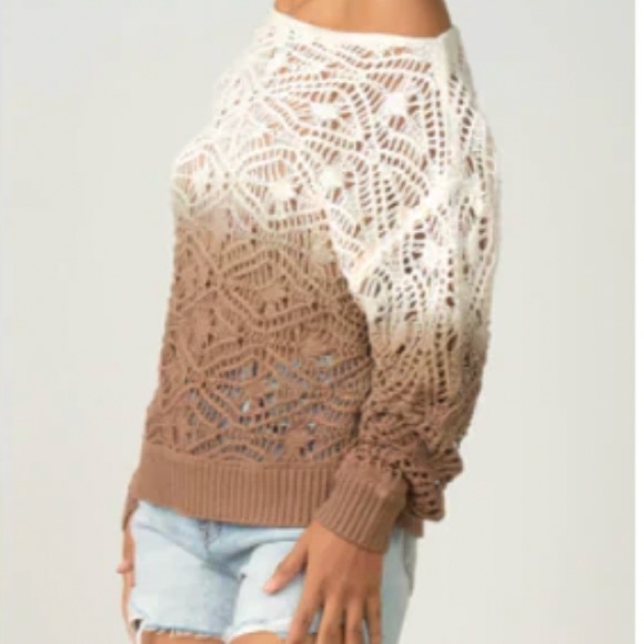 Elan Sweaters - Elan Off-the-Shoulder Brown and Cream Sweater